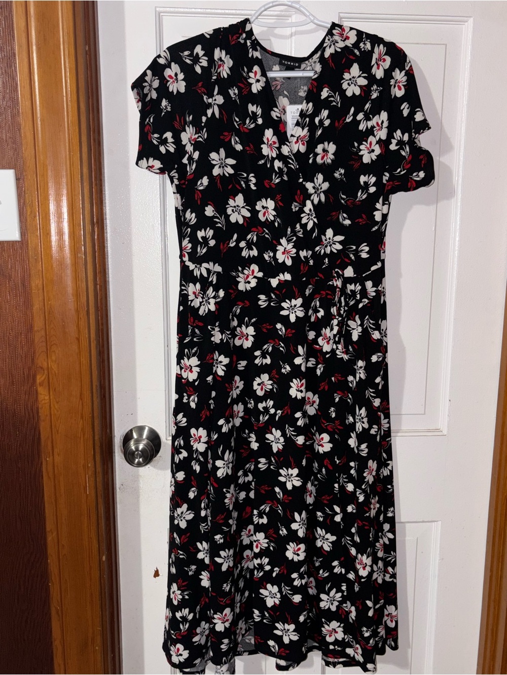 torrid Black Floral Wrap Midi Dress with White and Red Blooms